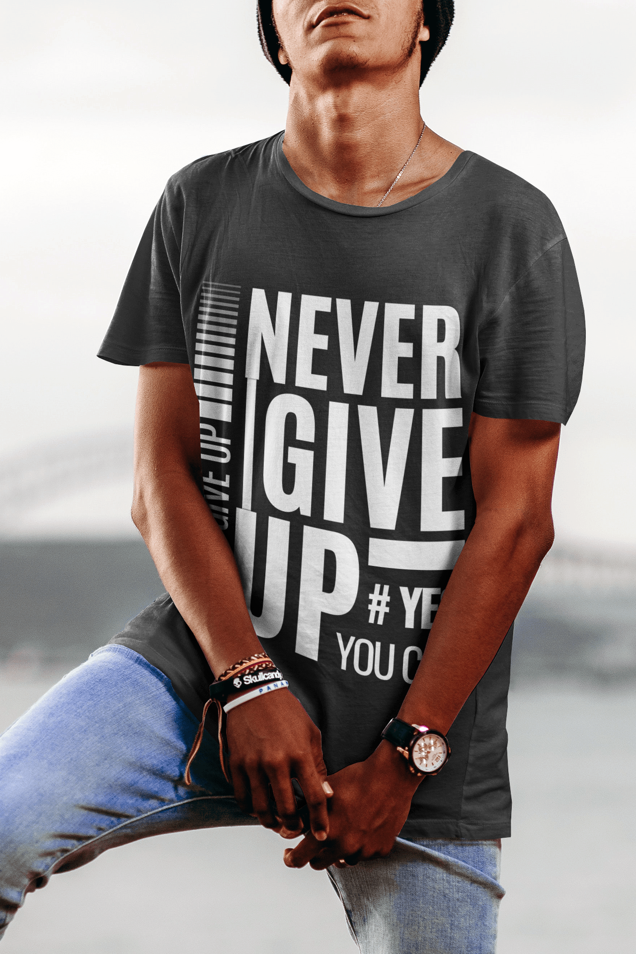 Never Give Up-Round Neck, Half Sleeve Tee