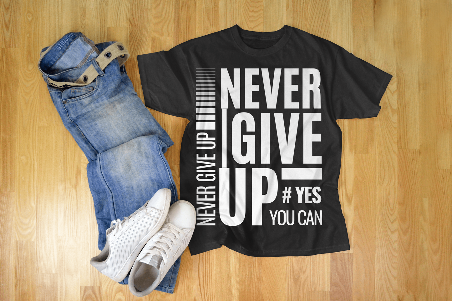 Never Give Up-Round Neck, Half Sleeve Tee